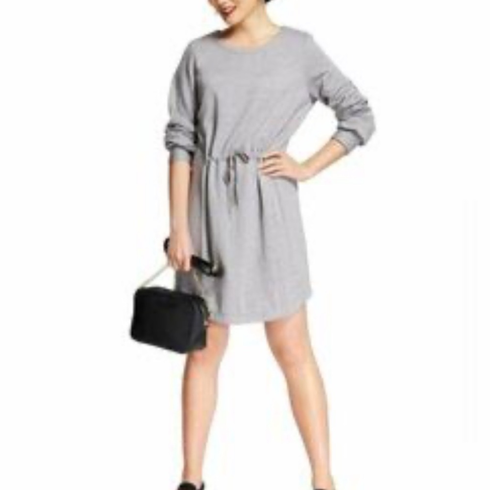 A New Day Heather Grey Fleece Lined Sweatshirt Dress - Cinch Tie Waist - Small